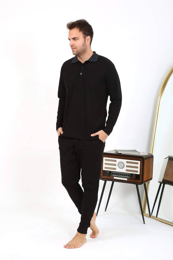 Akbeniz Men's Polo Neck Long Sleeve Cotton Pajama Set Black 6864 - 1