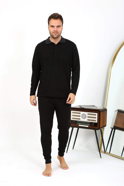 Akbeniz Men's Polo Neck Long Sleeve Cotton Pajama Set Black 6864 - 5