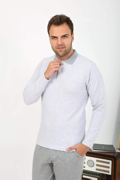 Akbeniz Men's Polo Neck Long Sleeve Cotton Pajama Set Grey - 1