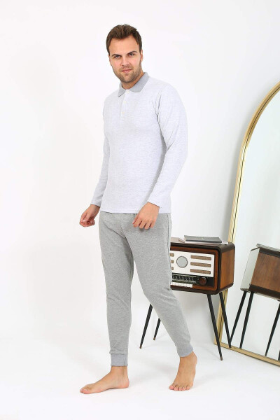 Akbeniz Men's Polo Neck Long Sleeve Cotton Pajama Set Grey - 2