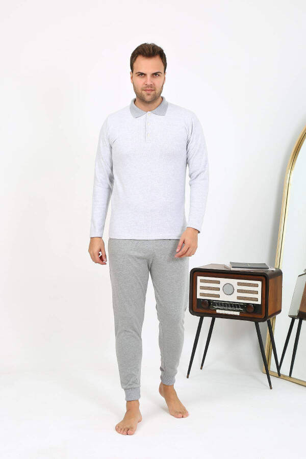 Akbeniz Men's Polo Neck Long Sleeve Cotton Pajama Set Grey - 3