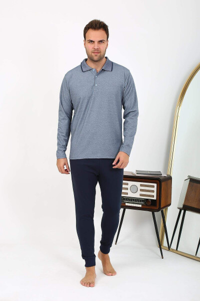 Akbeniz Men's Polo Neck Long Sleeve Cotton Pajama Set Navy - 1