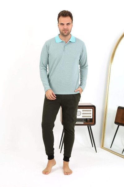 Akbeniz men's polo neck long-sleeved cotton pajamas. - 2