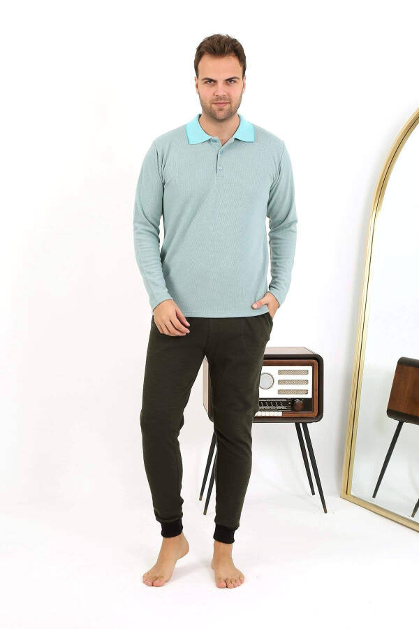 Akbeniz men's polo neck long-sleeved cotton pajamas. - 2