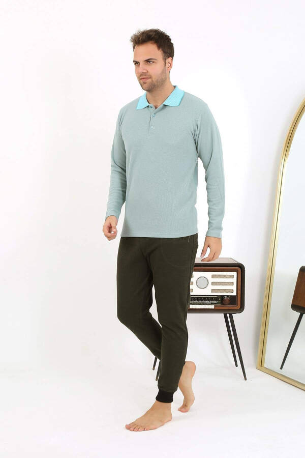 Akbeniz men's polo neck long-sleeved cotton pajamas. - 4