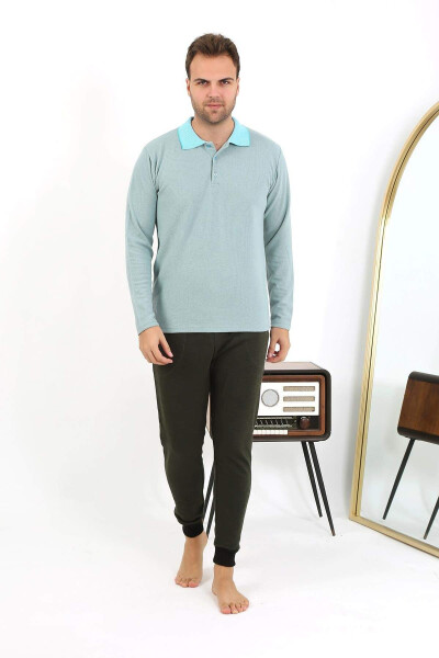 Akbeniz men's polo neck long-sleeved cotton pajamas. - 5