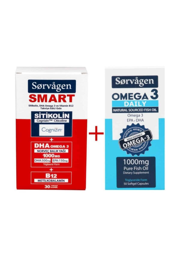 Akıllı Sitikolin Dha Omega 3, B12 30 Kapsül ve Omega 3 Daily Saf Balık Yağı, 50 Kapsül, 1000 Mg - 1