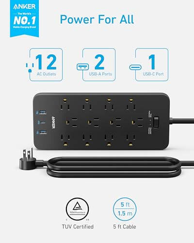 Akım Koruyucu Priz (2100J), Anker 12 Çıkışlı 1 USB C ve 2 USB Portlu iPhone 15/15 Plus/15 Pro/15 Pro Max için, 5ft Uzatma Kablosu, Düz Fiş, Ev, Ofis için 20W USB C Şarj, TUV Onaylı - 2