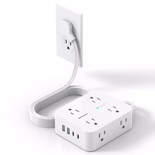 Akım Koruyucu Priz, Çoklu Çıkışlı Uzatma Kablosu, 5 Ft Ultra İnce Düz Fiş 8 Çıkış 4 USB Bağlantı Noktası (2USB C), 1080J Çoklu Priz Uzatma Kablosu Ev Ofis Kolej Yurt Odası Temel Malzemeleri - 1