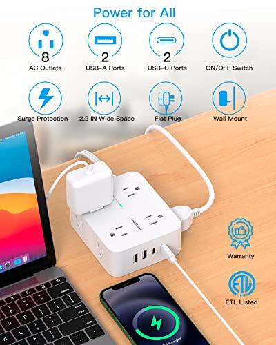 Akım Koruyucu Priz, Çoklu Çıkışlı Uzatma Kablosu, 5 Ft Ultra İnce Düz Fiş 8 Çıkış 4 USB Bağlantı Noktası (2USB C), 1080J Çoklu Priz Uzatma Kablosu Ev Ofis Kolej Yurt Odası Temel Malzemeleri - 2