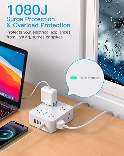 Akım Koruyucu Priz, Çoklu Çıkışlı Uzatma Kablosu, 5 Ft Ultra İnce Düz Fiş 8 Çıkış 4 USB Bağlantı Noktası (2USB C), 1080J Çoklu Priz Uzatma Kablosu Ev Ofis Kolej Yurt Odası Temel Malzemeleri - 6