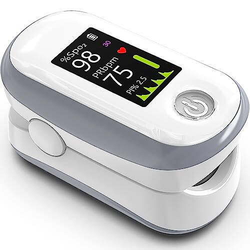 Alecaremed Pulse Oximeter, 4 Color OLED Display Oxygen Monitor Fingertip with 20 × Memory, Blood Oxygen Saturation Monitor (SpO2), Alarm & Brightness Adjustable, Batteries & Lanyard (White) - 1