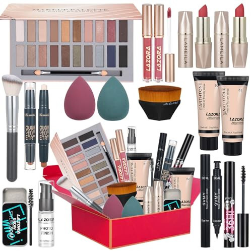 All in One Makeup Kit for Women includes 20 Colors Eyeshadow Palette, Foundation & Face Primer, Makeup Brush, Makeup Sponge, Eyebrow Soap, Winged Eyeliner Stamp Gift Set. - 1