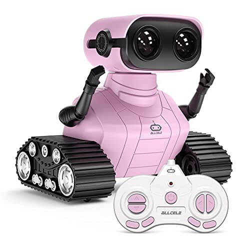 ALLCELE Girls Robot Toy, Rechargeable RC Robot for Kids, Remote Control Toy with Music and LED Eyes, Gift for Children Age 3 Years and Up - Pink - 1