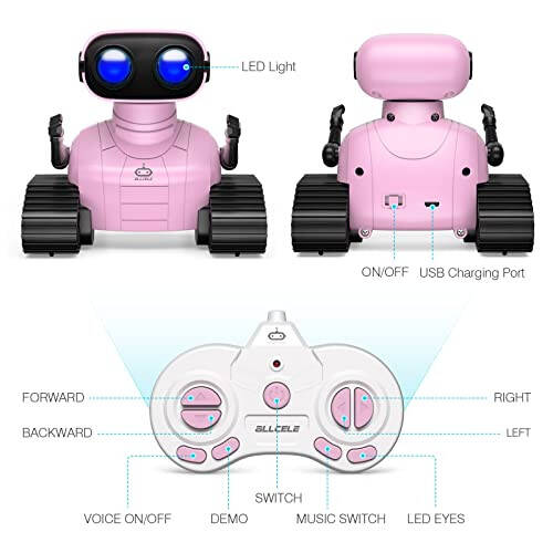 ALLCELE Qizlar uchun Robot O'yinchoq, Qayta Zaryadlanadigan RC Robot Bolalar uchun, Musiqali va LED Ko'zli Masofadan boshqarish Pulti bilan O'yinchoq, 3 Yosh va Undan Katta Bolalar uchun Sovg'a - Pushti - 5