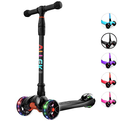 Allek Kick Scooter B02, Lean 'N Glide Scooter with Extra Wide PU Light-Up Wheels and 4 Adjustable Heights for Children from 3-12yrs (Black) - 1