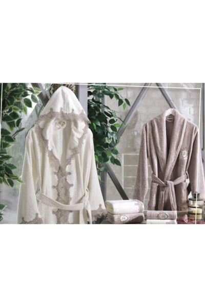 Almira Cream-Terracotta 8-Piece Lace-Trimmed Hooded Bamboo Bridal Robe Set - 1