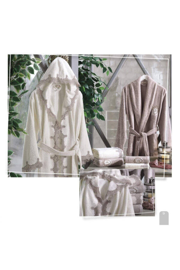 Almira Cream-Terracotta 8-Piece Lace-Trimmed Hooded Bamboo Bridal Robe Set - 2