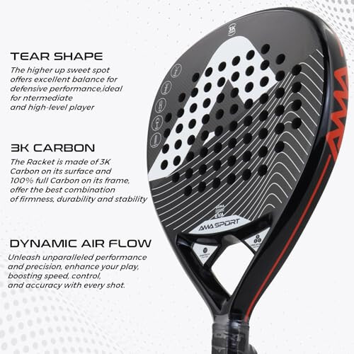 AMA Sport Padel Paddle Tennis Racket Carbon Fiber Pop Tennis Paddle Paddleball Racquets 3K, 12K, 18K, Full Carbon - 2