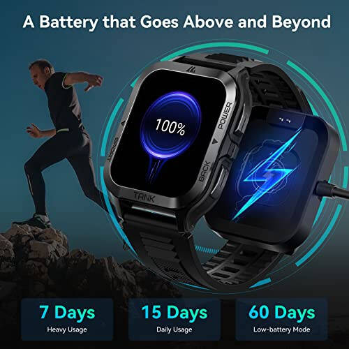 AMAZTIM Smart Watch, 60 Days Extra-Long Battery, 50M Waterproof, Rugged Military Bluetooth Call (Answer/Dial Calls), 1.85