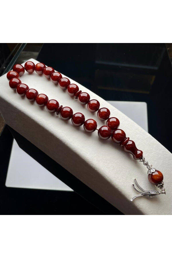 Amber fire effect prayer beads with silver design - 2