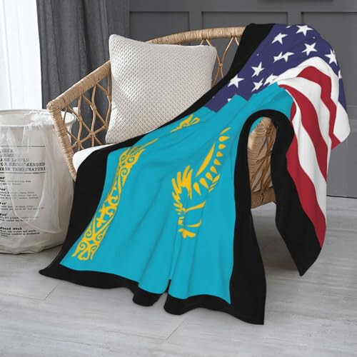 American Flag and Kazakhstan Flag Throw Blankets 40