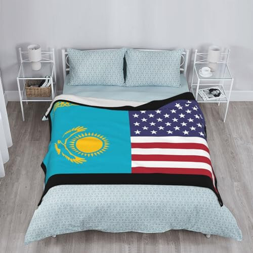 American Flag and Kazakhstan Flag Throw Blankets 40