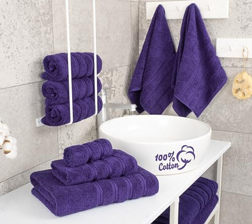 American Soft Linen Luxury 6 Piece Towel Set, 2 Bath Towels 2 Hand Towels 2 Washcloths, 100% Cotton Turkish Towels for Bathroom, Purple Towel Sets - 2