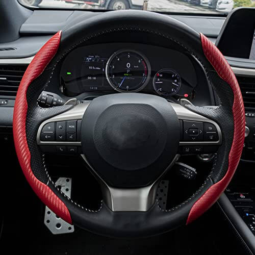 Amiss Carbon Fiber Anti-Skid Steering Wheel Protector, Segmented Butterfly Universal Wheel Cover, Car Interior Accessories (Red) - 7