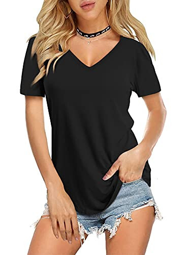 Amoretu Womens T Shirts V Neck Short Sleeve Tshirt Basic Tee Curved Hem Tops - 1