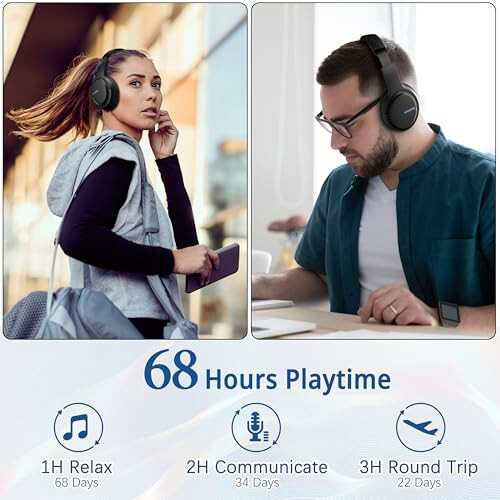 AMORNO Bluetooth-наушники накладные, 68 часов автономной работы беспроводные наушники с микрофоном, складные регулируемые легкие HiFi стереонаушники для мобильного телефона/ПК/работы/путешествий/дома/офиса (черный) - 3
