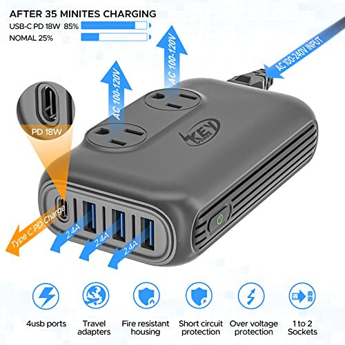 Anahtarlı Güç Dönüştürücü, 220V'den 110V'ye, Gerilim Düşürme Dönüştürücü ve Güç Adaptörü, Uluslararası Seyahat, USB-C & USB-A, E/F/I/A/G/D Tipi, 230 Watt, Gri - 3