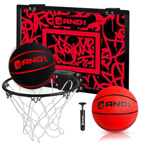 AND1 Over the Door Mini Basketball Hoop: 18x12 Shatterproof Backboard, 2 Mini Basketballs, and Hand Pump Included - Ultimate Indoor Basketball Accessory for Kids and Adults, No Tools Required - 1