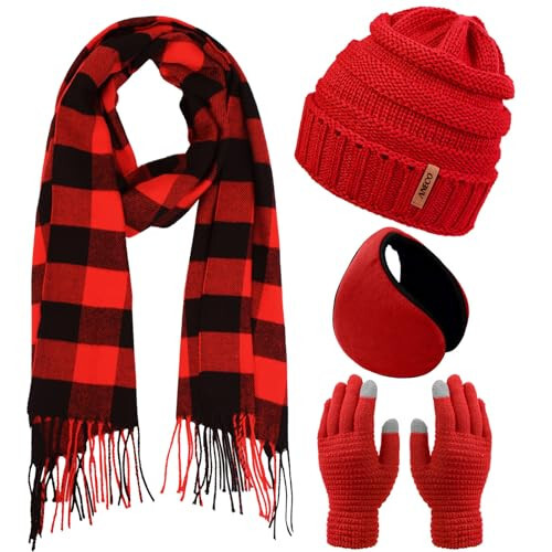 Aneco Winter Warm Knitted Sets Buffalo Plaid Scarf Beanie Hat Touch Screen Gloves and Winter Ear Warmer Set for Men or Women - 1