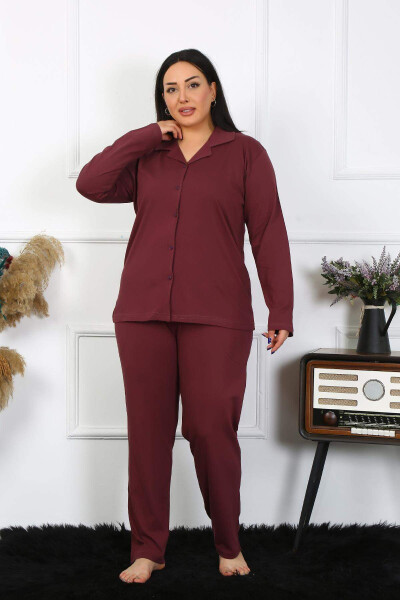 Angelino Women's Plus Size Cotton Pocket Buttoned Burgundy Pajama Set 202401 - 1