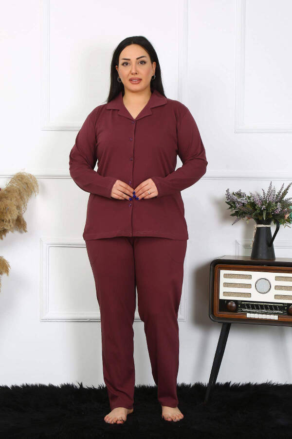 Angelino Women's Plus Size Cotton Pocket Buttoned Burgundy Pajama Set 202401 - 2