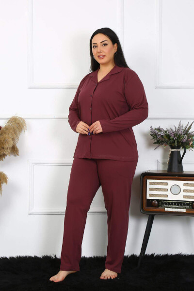 Angelino Women's Plus Size Cotton Pocket Buttoned Burgundy Pajama Set 202401 - 3