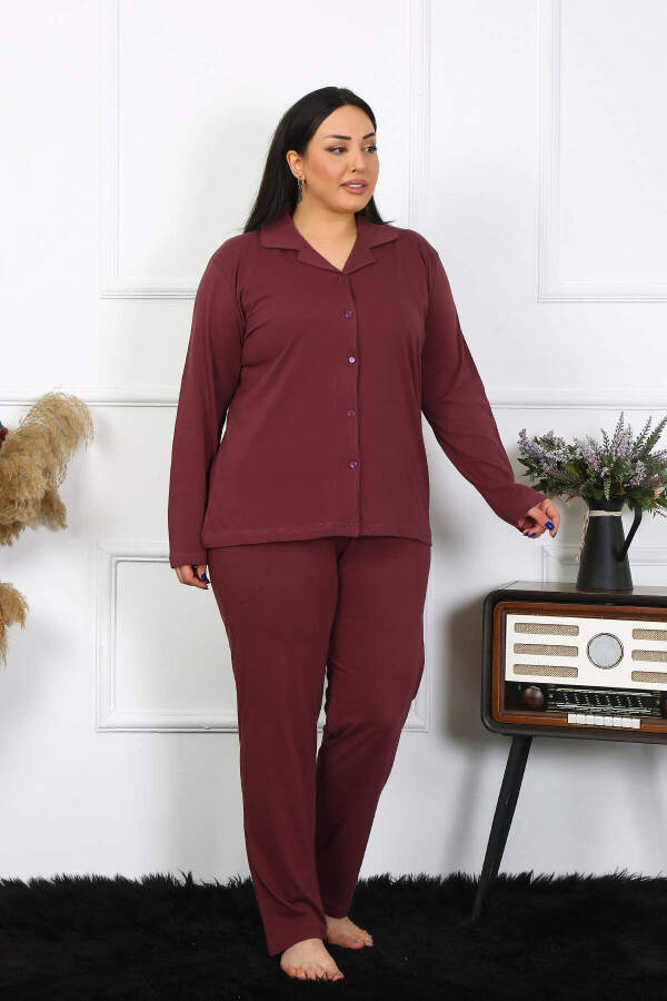 Angelino Women's Plus Size Cotton Pocket Buttoned Burgundy Pajama Set 202401 - 5