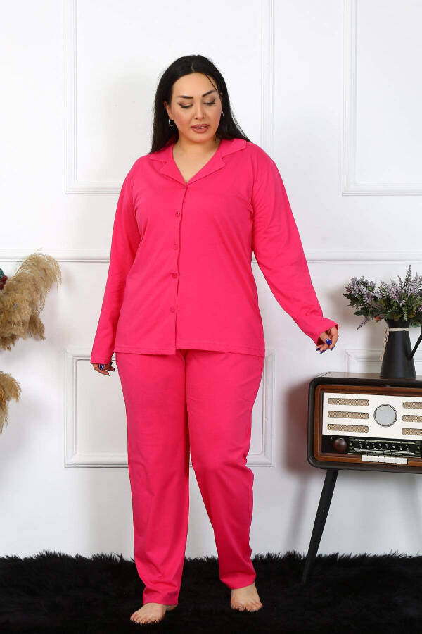 Angelino Women's Plus Size Cotton Pocket Buttoned Fuchsia Pajama Set 202401 - 3