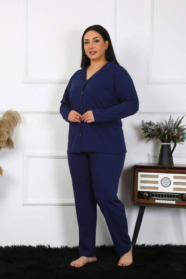 Angelino Women's Plus Size Cotton Pocket Buttoned Navy Blue Pajama Set 202401 - 1