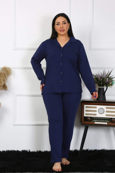 Angelino Women's Plus Size Cotton Pocket Buttoned Navy Blue Pajama Set 202401 - 2