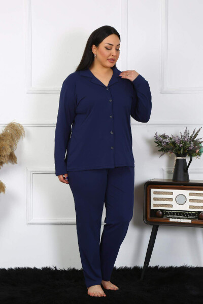 Angelino Women's Plus Size Cotton Pocket Buttoned Navy Blue Pajama Set 202401 - 3