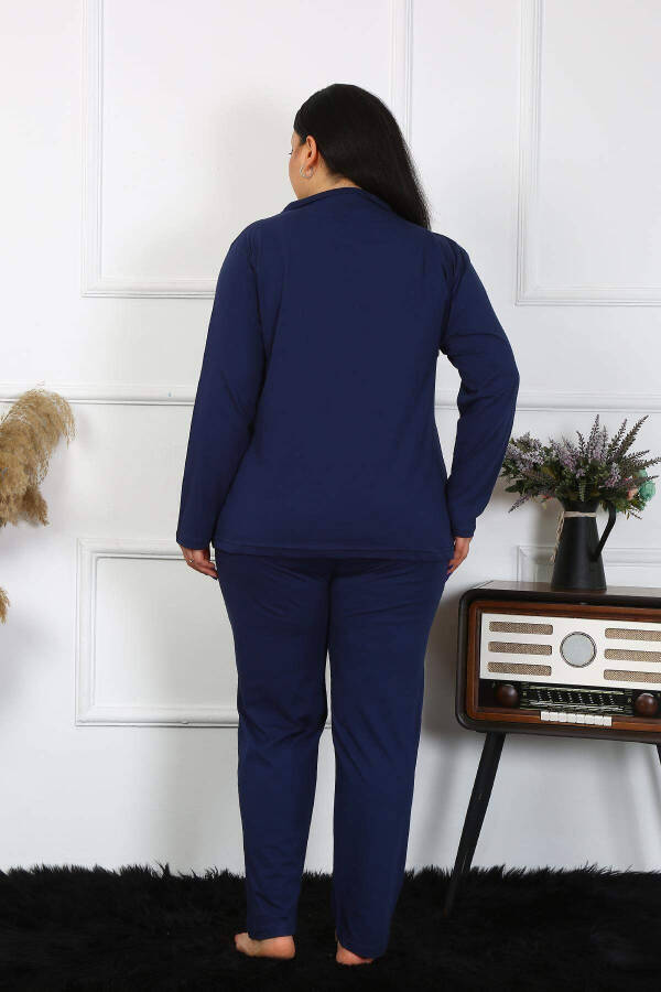 Angelino Women's Plus Size Cotton Pocket Buttoned Navy Blue Pajama Set 202401 - 4