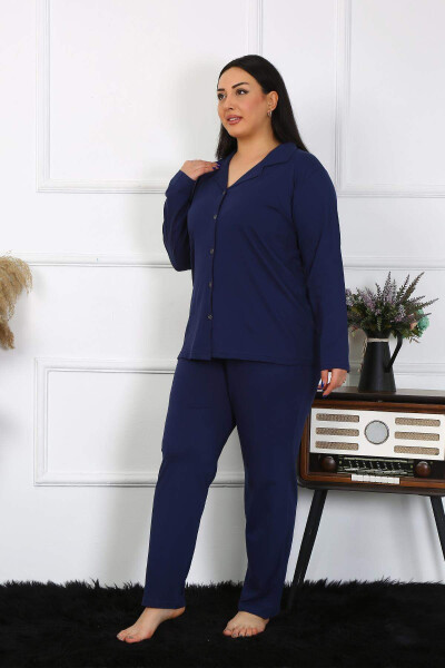 Angelino Women's Plus Size Cotton Pocket Buttoned Navy Blue Pajama Set 202401 - 5