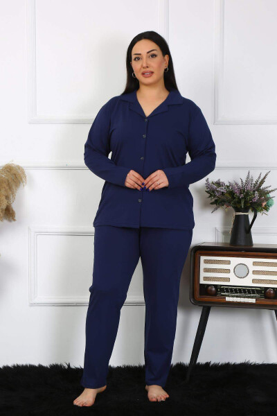 Angelino Women's Plus Size Cotton Pocket Buttoned Navy Blue Pajama Set 202401 - 6