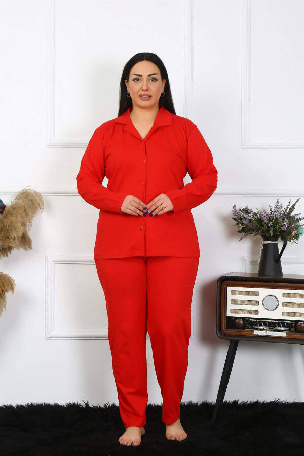 Angelino Women's Plus Size Cotton Pocket Buttoned Red Pajama Set 202401 - 2