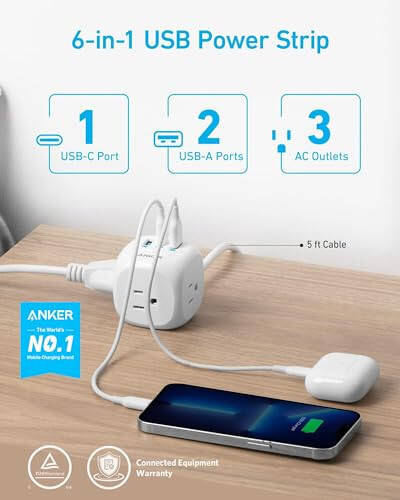 Anker 20W USB C Power Strip, 321 Power Strip with 3 Outlets and USB C Charging for iPhone 15/15 Plus/15 Pro/15 Pro Max, 5 ft Extension Cord, Power Delivery Charging for Dorm Rooms, Home Office - 2