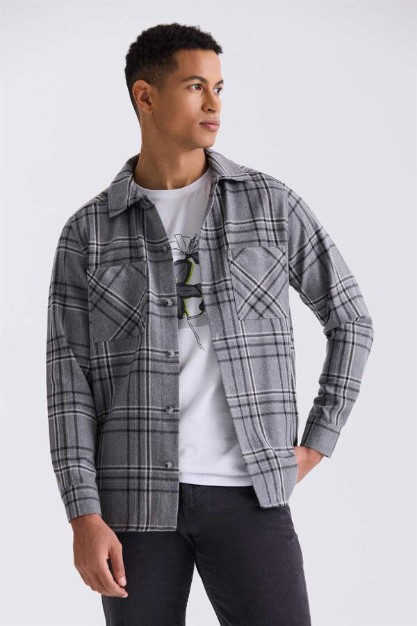 Anthracite Oversized Loose Fit Plaid Cotton Pocket Flannel Shirt - 5