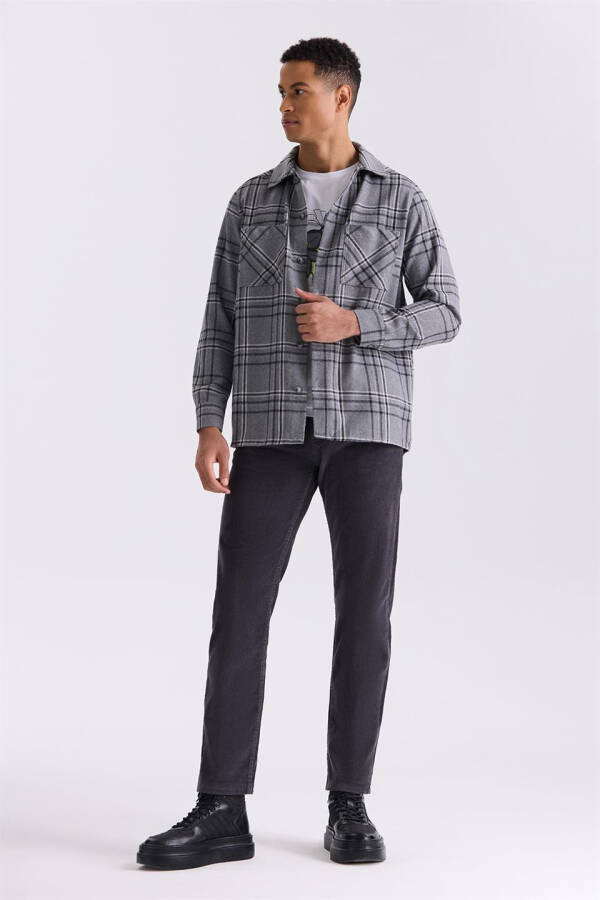 Anthracite Oversized Loose Fit Plaid Cotton Pocket Flannel Shirt - 6