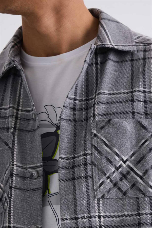 Anthracite Oversized Loose Fit Plaid Cotton Pocket Flannel Shirt - 7